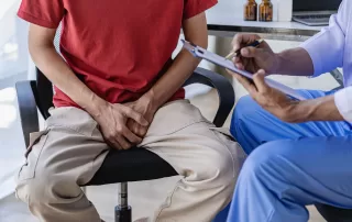 A doctor is consulting with a young man about scrotal angiokeratoma